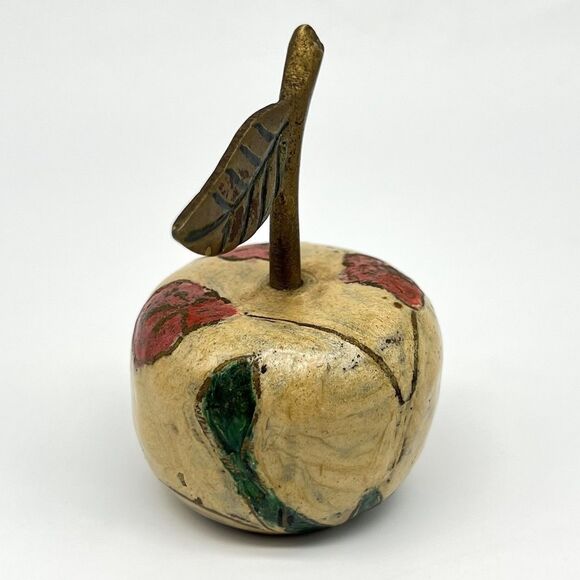 Vintage Solid Brass Hand Painted Dinner Bell Apple 3” Tall w/Stem Teacher Decor - Picture 2 of 9